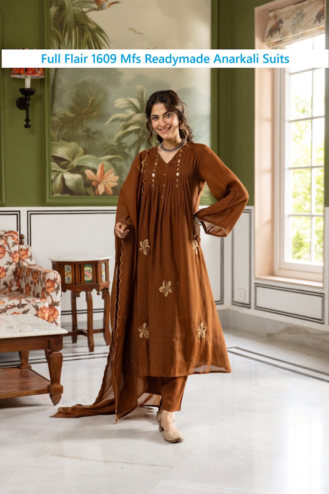 Full Flair 1609 Mfs Chanderi Readymade Anarkali Suits Exporter