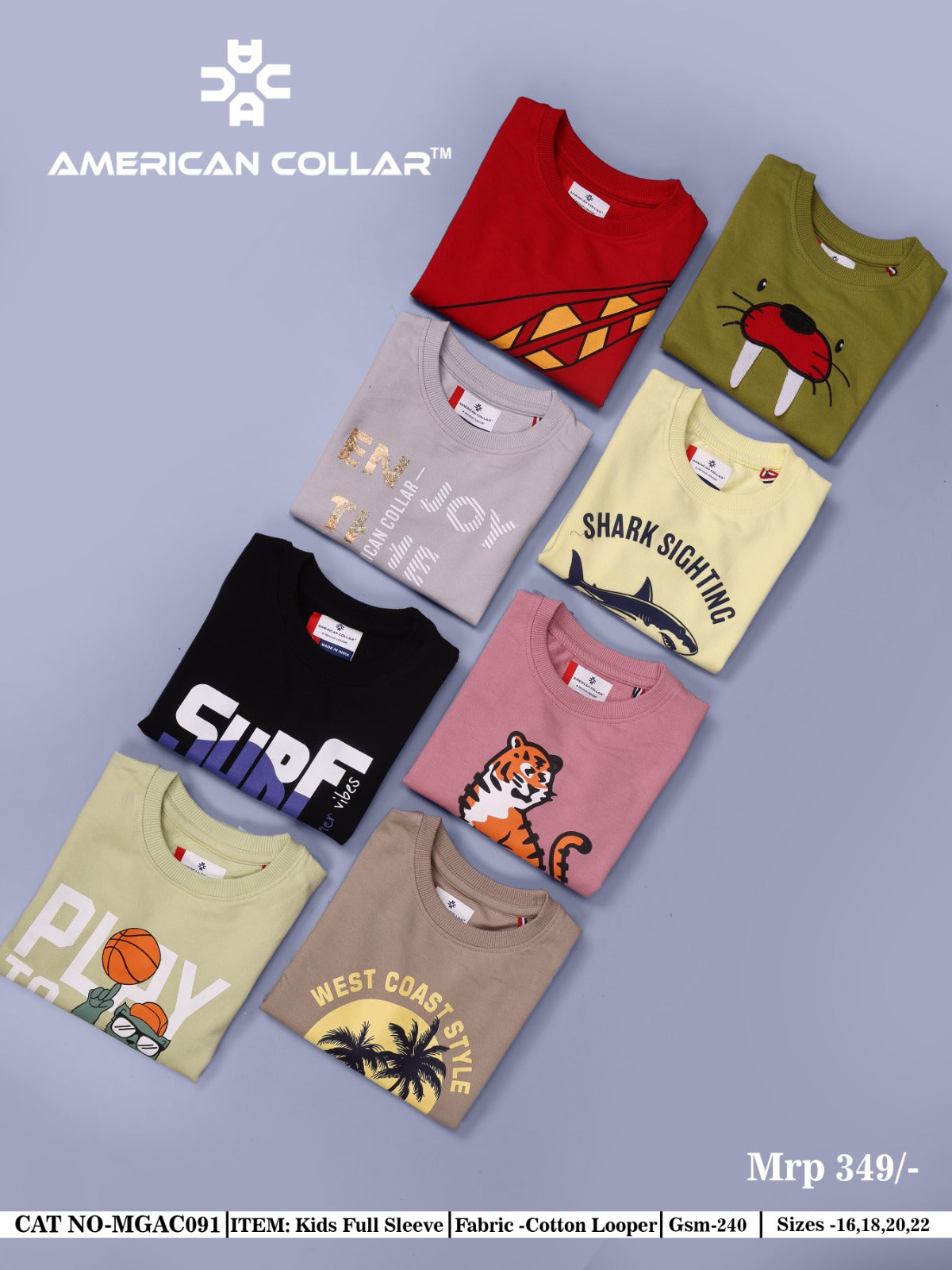 Full Sleeves 240 Gsm Mgac091 American Collar Cotton Looper Boys Tshirt Wholesaler India