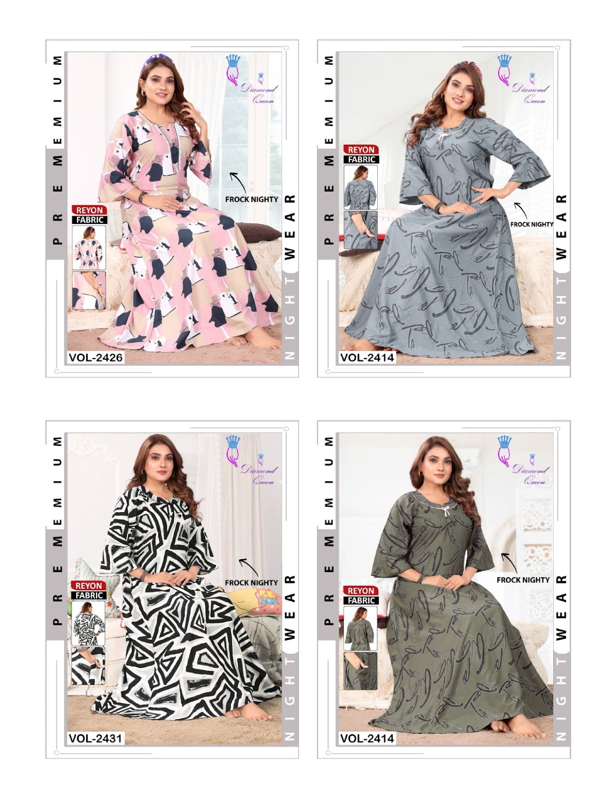 Full Sleeves 271025 Diamond Queen Rayon Night Gowns Wholesaler Gujarat