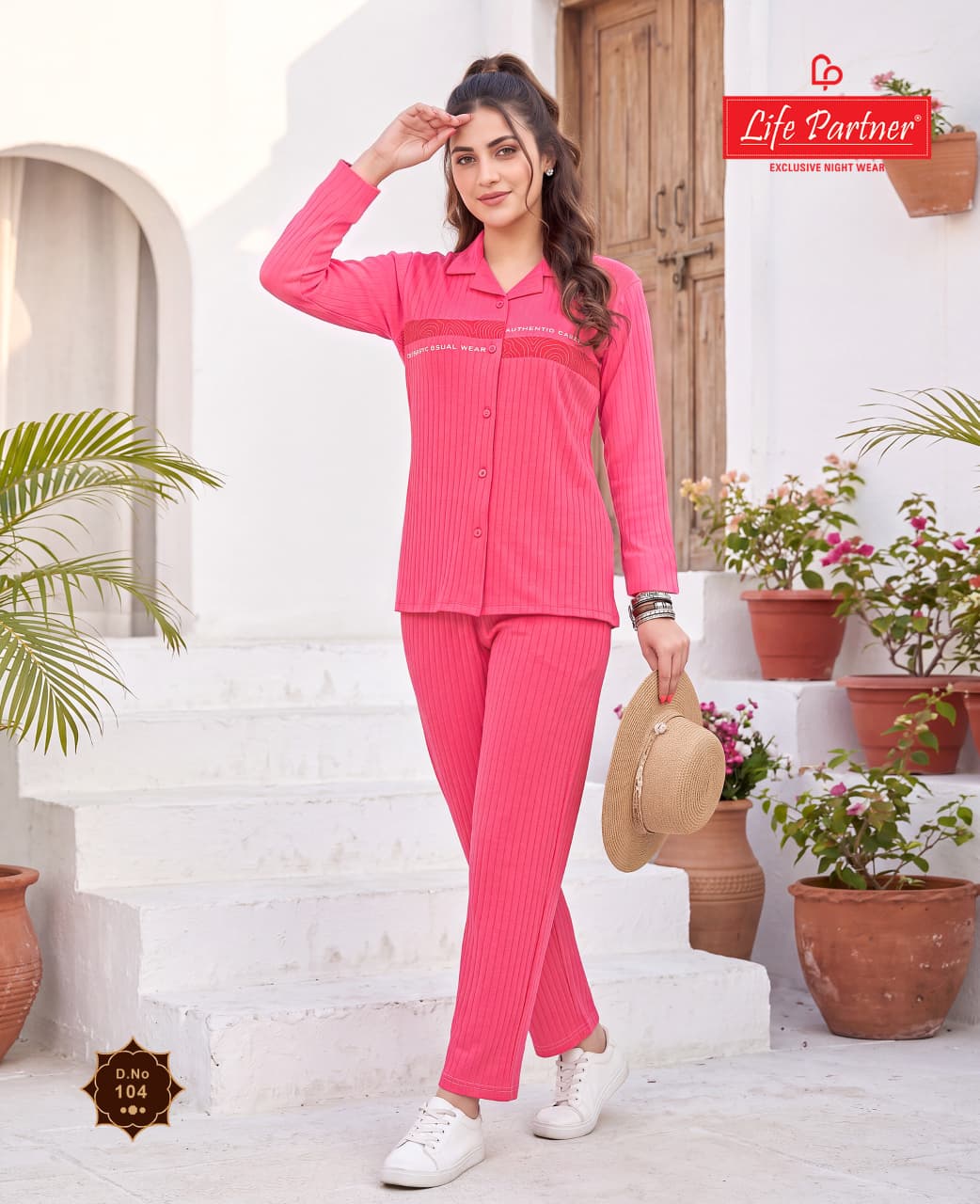 Full Sleeves Front Open Life Partner Hosiery Collar Night Suits Supplier Ahmedabad