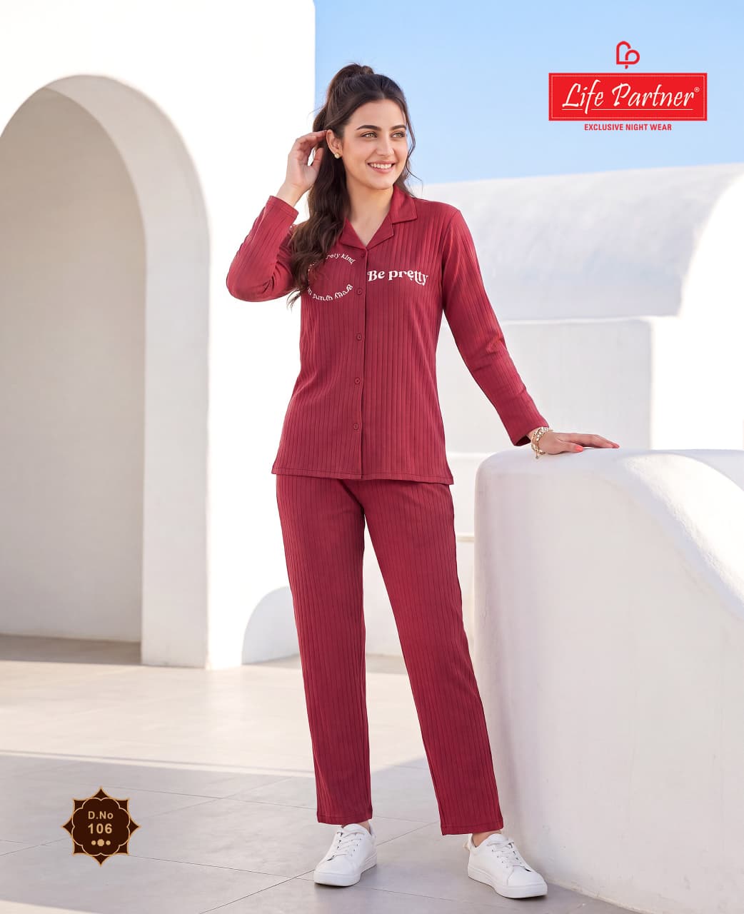 Full Sleeves Front Open Life Partner Hosiery Collar Night Suits Supplier Ahmedabad