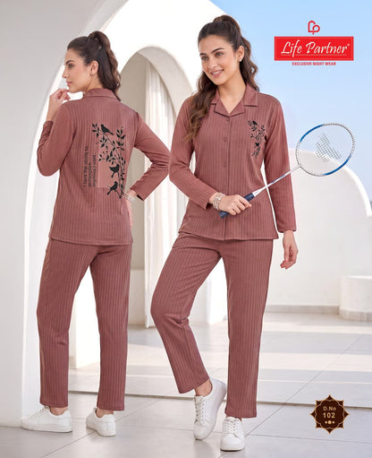Full Sleeves Front Open Life Partner Hosiery Collar Night Suits Supplier Ahmedabad
