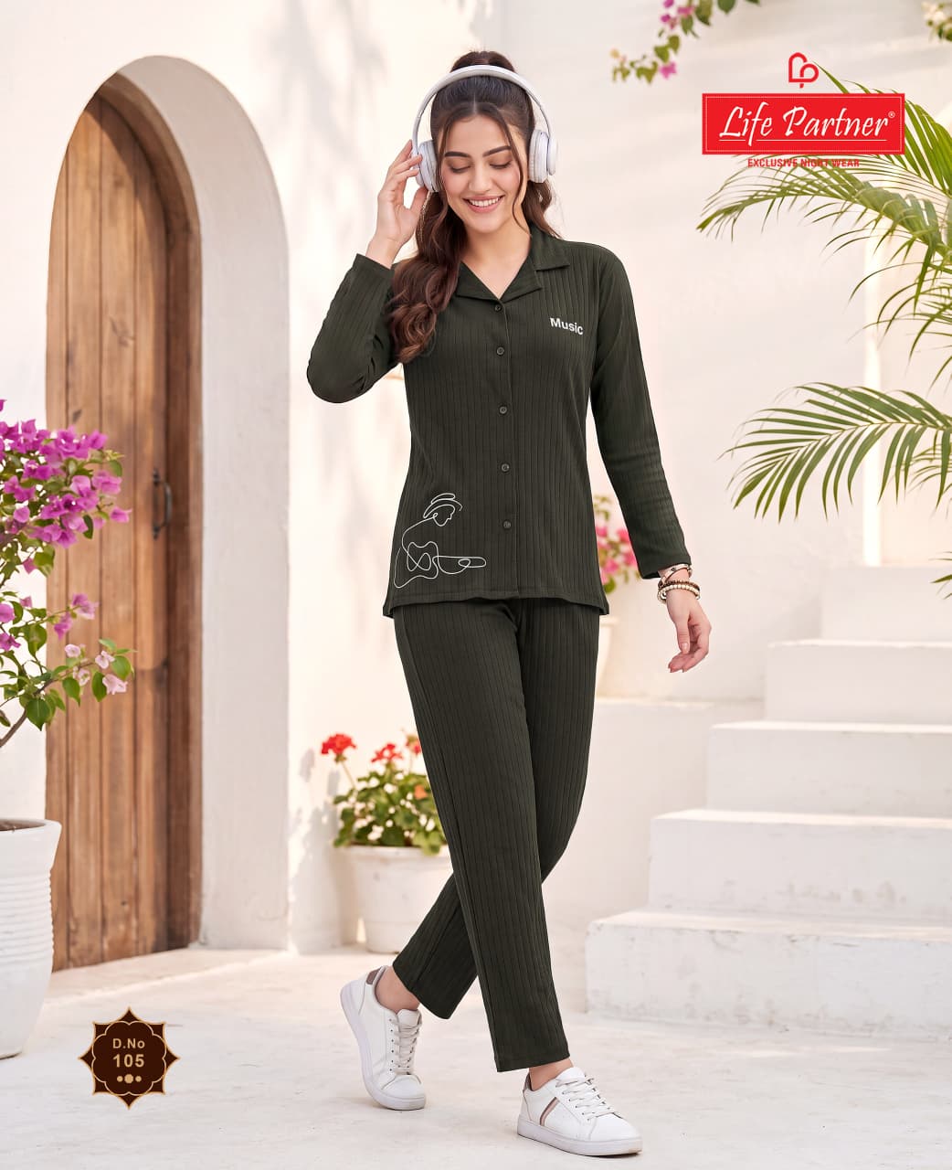 Full Sleeves Front Open Life Partner Hosiery Collar Night Suits Supplier Ahmedabad