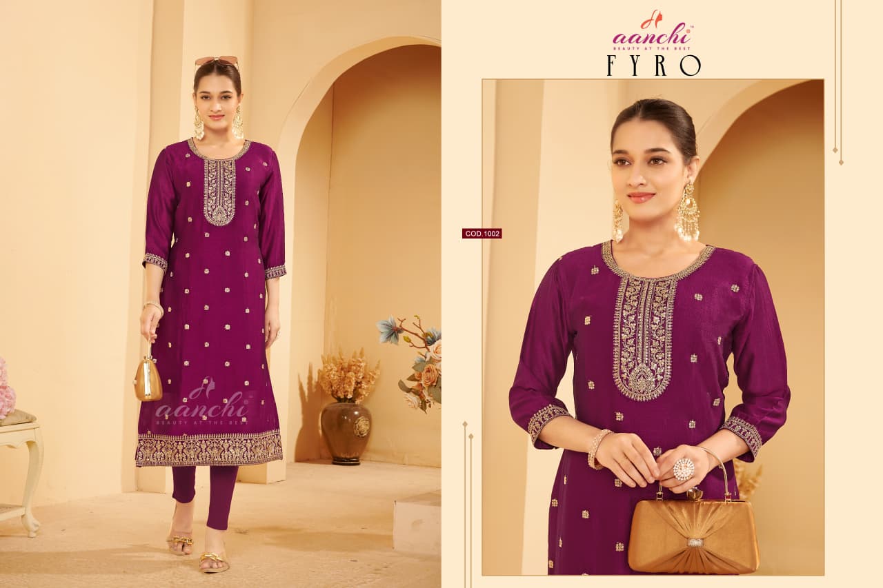 Fyro Aanchi Vichitra Silk Long Straight Kurti Wholesale Price