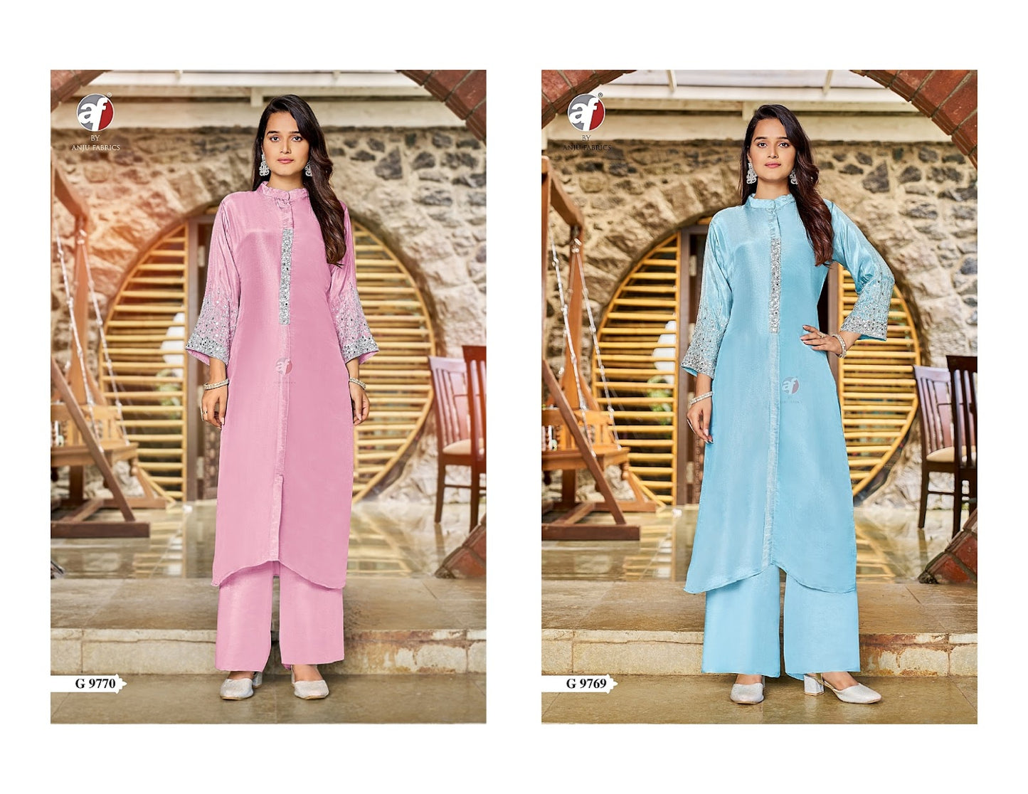 G 9769-9770 Af Tissue Simmer Kurti Plazzo Set Supplier India