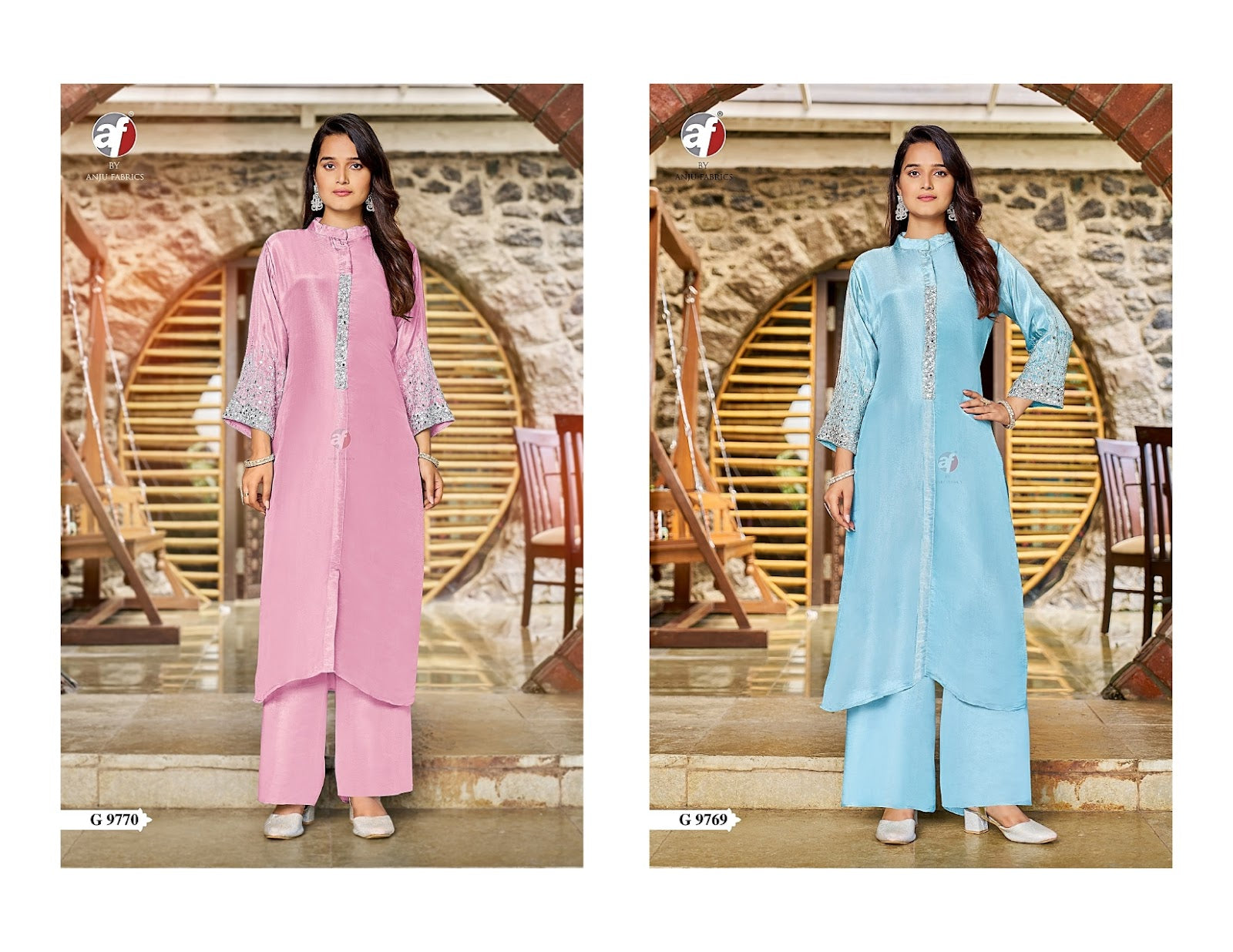 G 9769-9770 Af Tissue Simmer Kurti Plazzo Set Supplier India