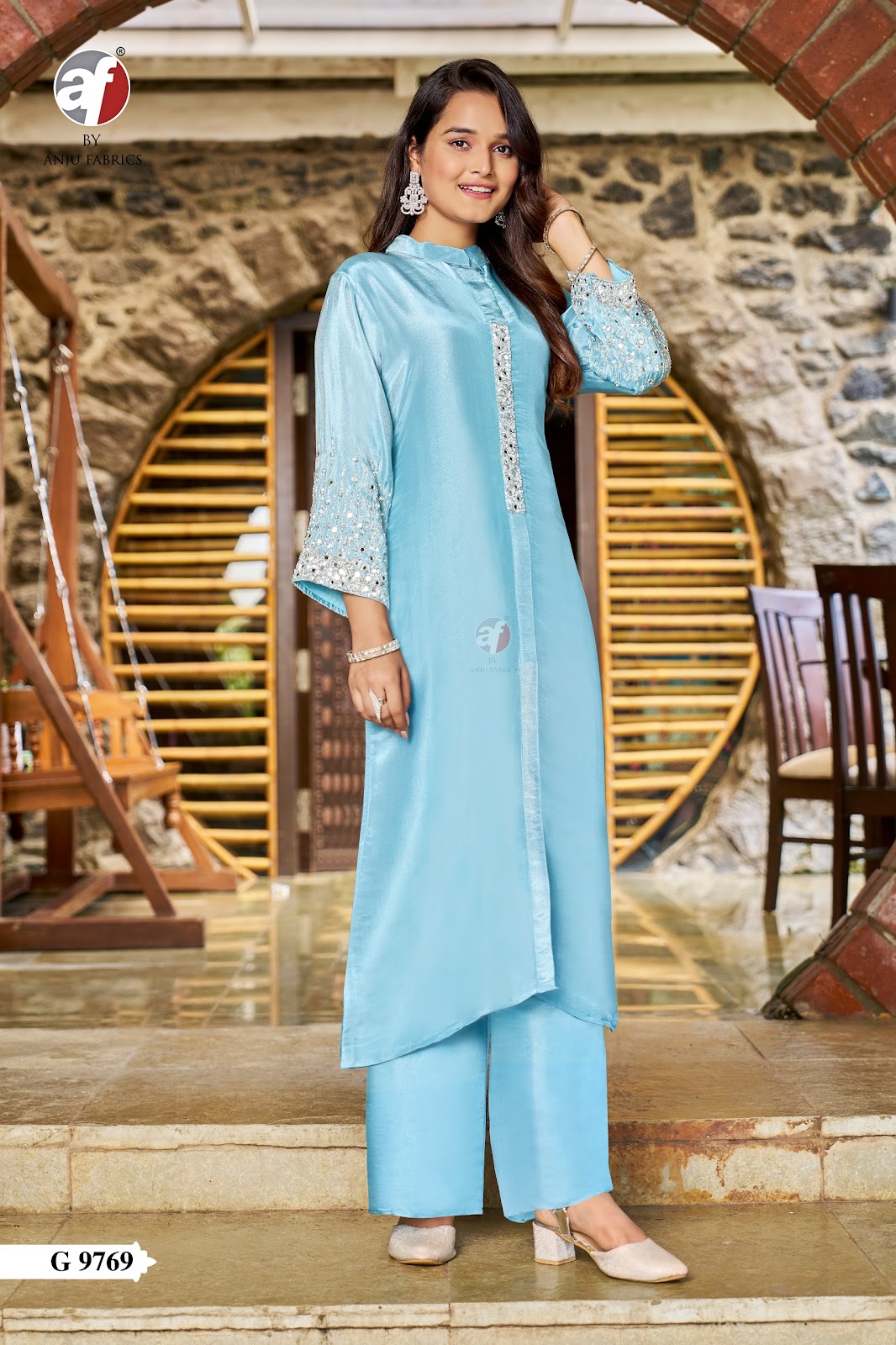 G 9769-9770 Af Tissue Simmer Kurti Plazzo Set Supplier India