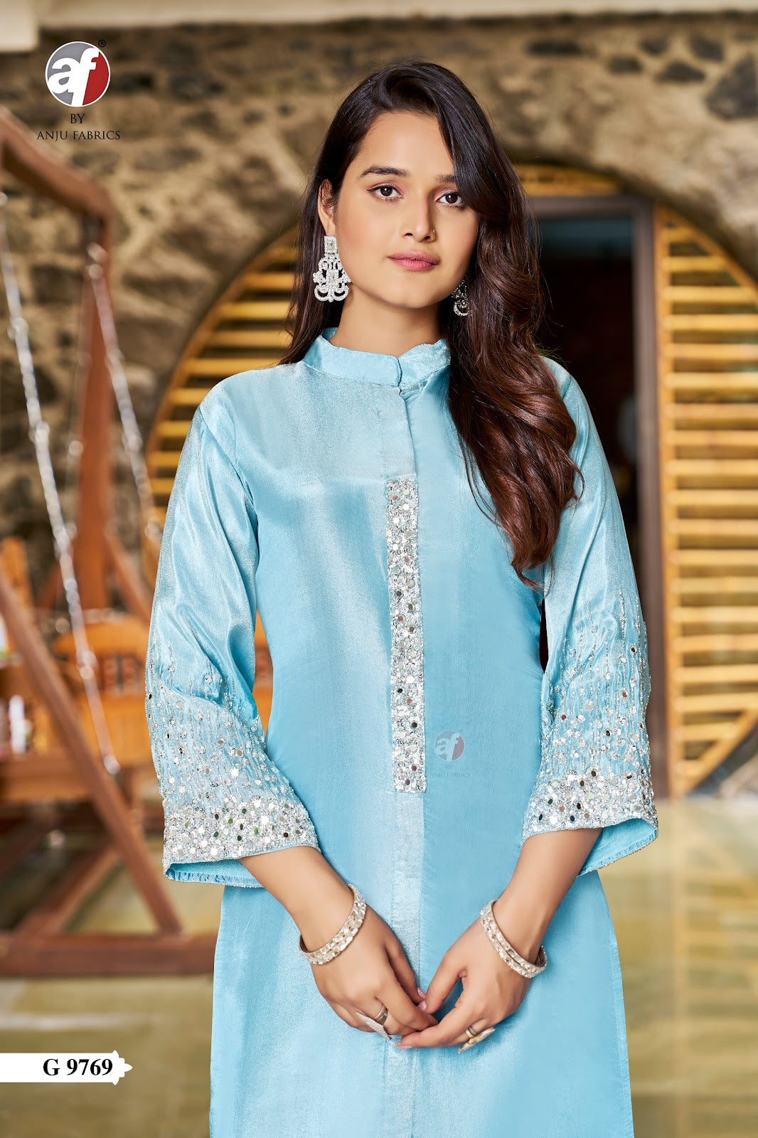 G 9769-9770 Af Tissue Simmer Kurti Plazzo Set Supplier India