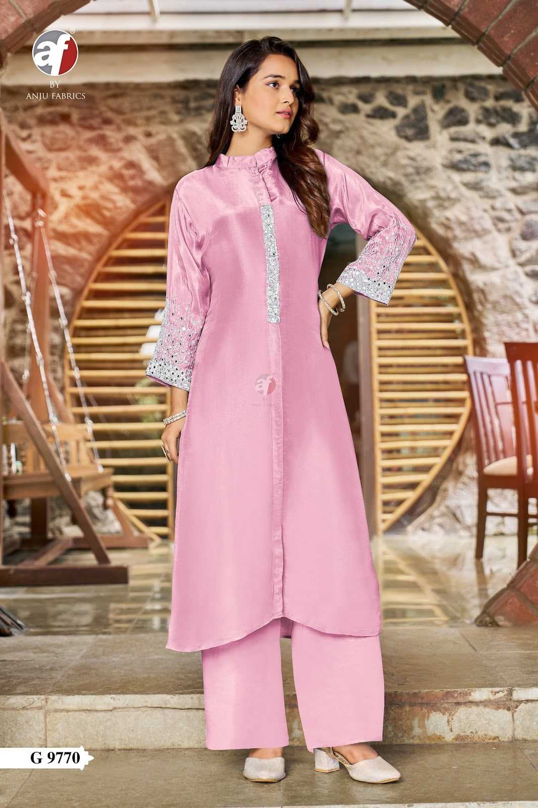 G 9769-9770 Af Tissue Simmer Kurti Plazzo Set Supplier India