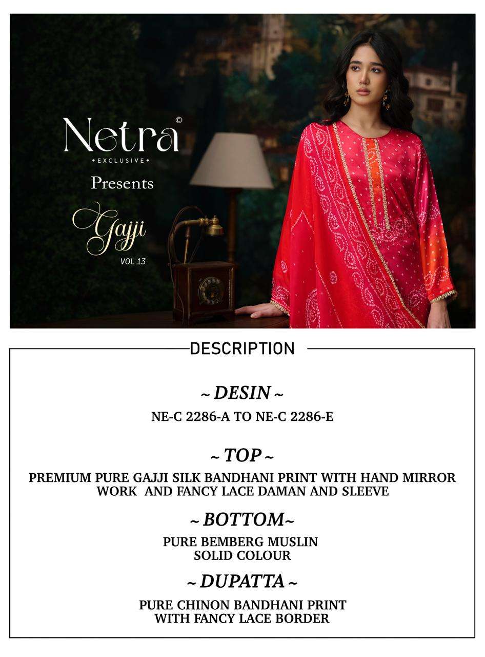 Gajji Vol 13 Netra Silk Pant Style Suits Wholesale Price