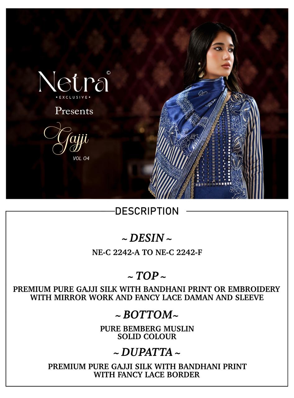 Gajji Vol 4 Netra Pant Style Suits Exporter India