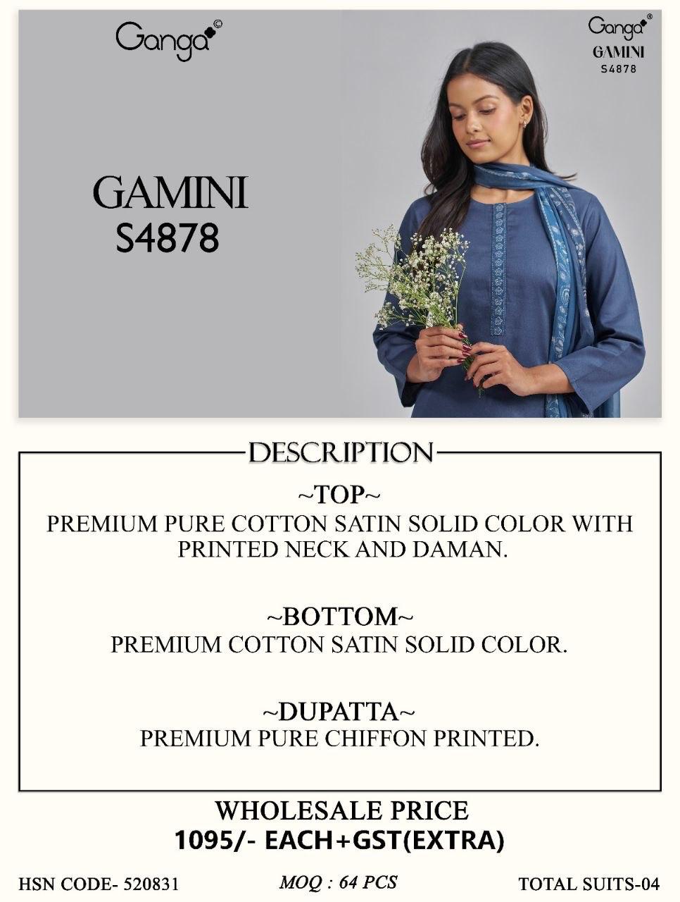 Gamini S4878 Ganga Cotton Satin Pant Style Suits Wholesaler