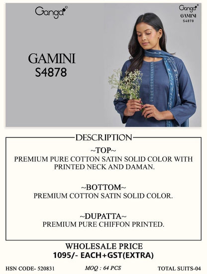 Gamini S4878 Ganga Cotton Satin Pant Style Suits Wholesaler