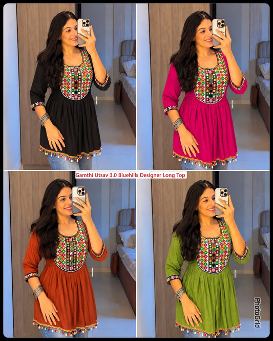 Gamthi Utsav 3.0 Bluehills Rayon Designer Long Top Manufacturer Ahmedabad