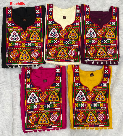 Gamthi Utsav Flair Bluehills Rayon Designer Long Top Exporter Ahmedabad