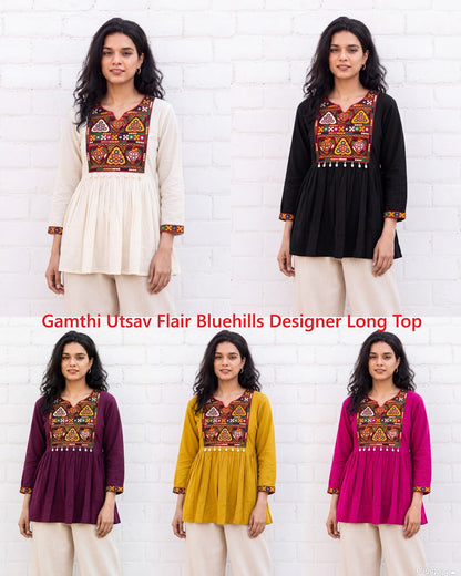 Gamthi Utsav Flair Bluehills Rayon Designer Long Top Exporter Ahmedabad