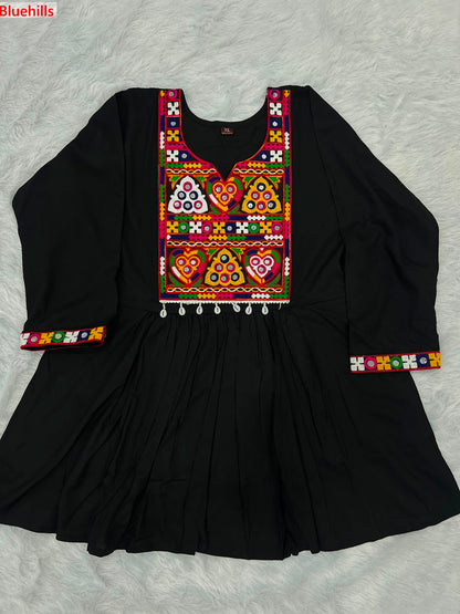 Gamthi Utsav Flair Bluehills Rayon Designer Long Top Exporter Ahmedabad
