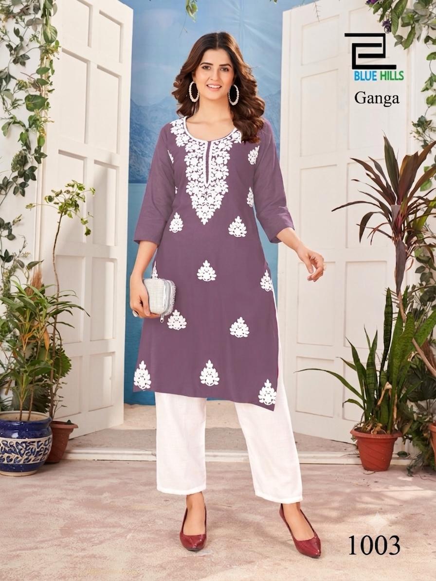 Ganga Blue Hills Rayon 14Kg Knee Length Kurtis Exporter Gujarat