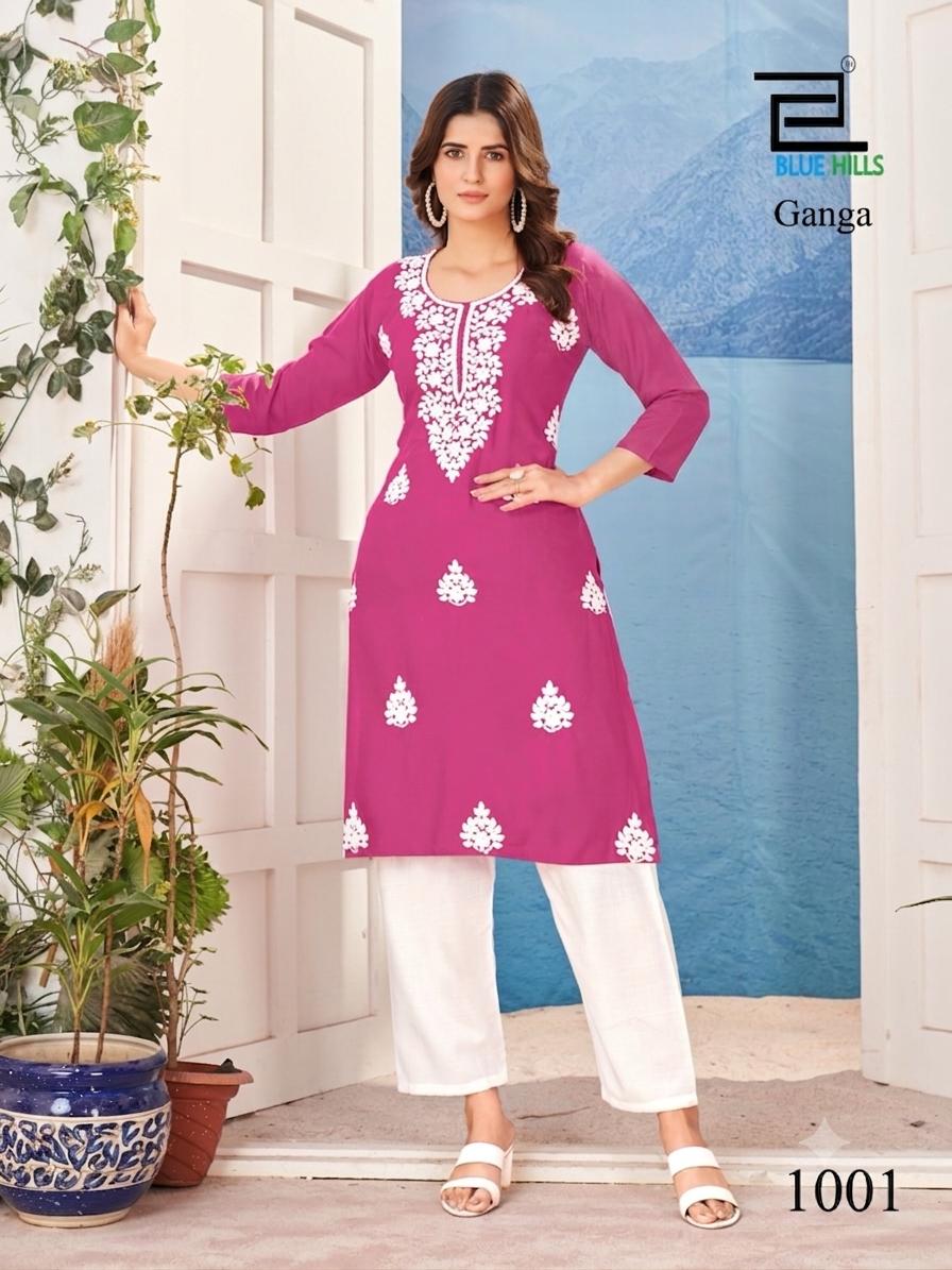 Ganga Blue Hills Rayon 14Kg Knee Length Kurtis Exporter Gujarat