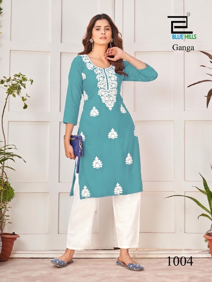 Ganga Blue Hills Rayon 14Kg Knee Length Kurtis Exporter Gujarat