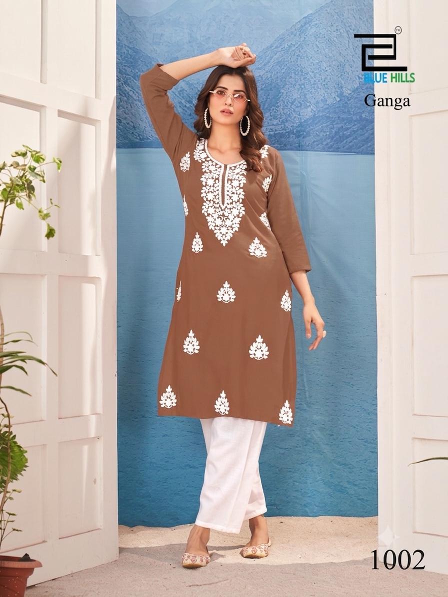 Ganga Blue Hills Rayon 14Kg Knee Length Kurtis Exporter Gujarat