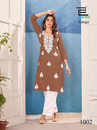 Ganga Blue Hills Rayon 14Kg Knee Length Kurtis Exporter Gujarat