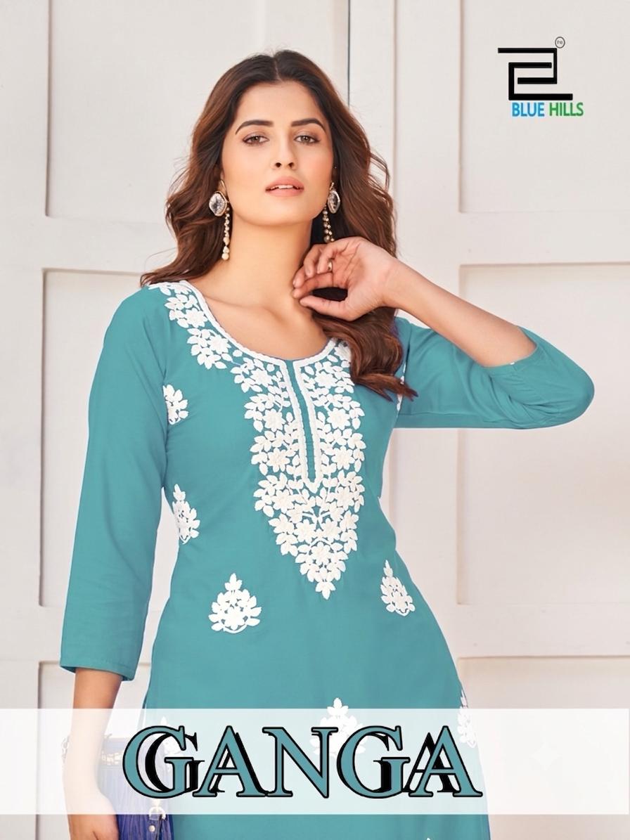 Ganga Blue Hills Rayon 14Kg Knee Length Kurtis Exporter Gujarat