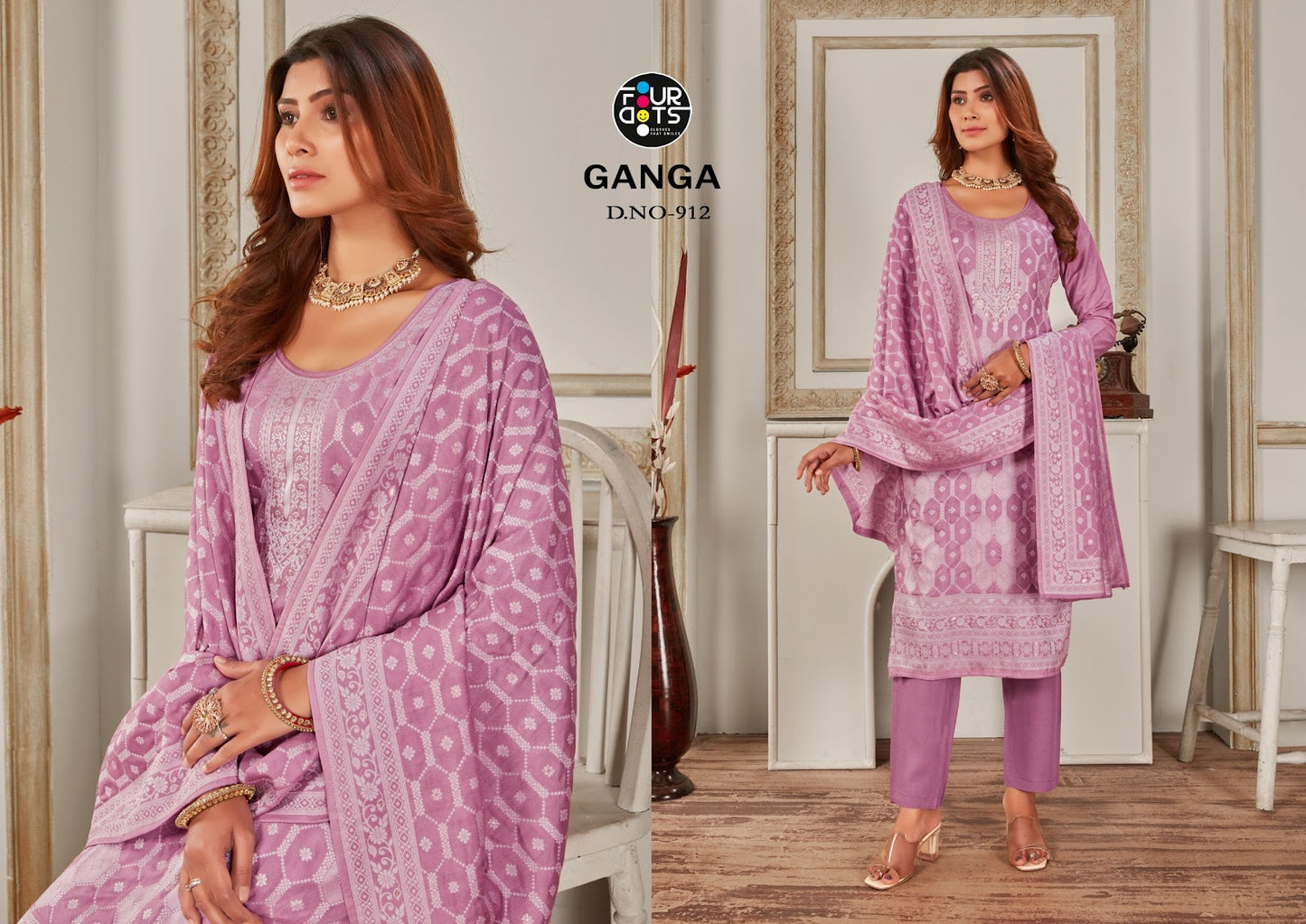 Ganga Four Dots Pure Muslin Pant Style Suits