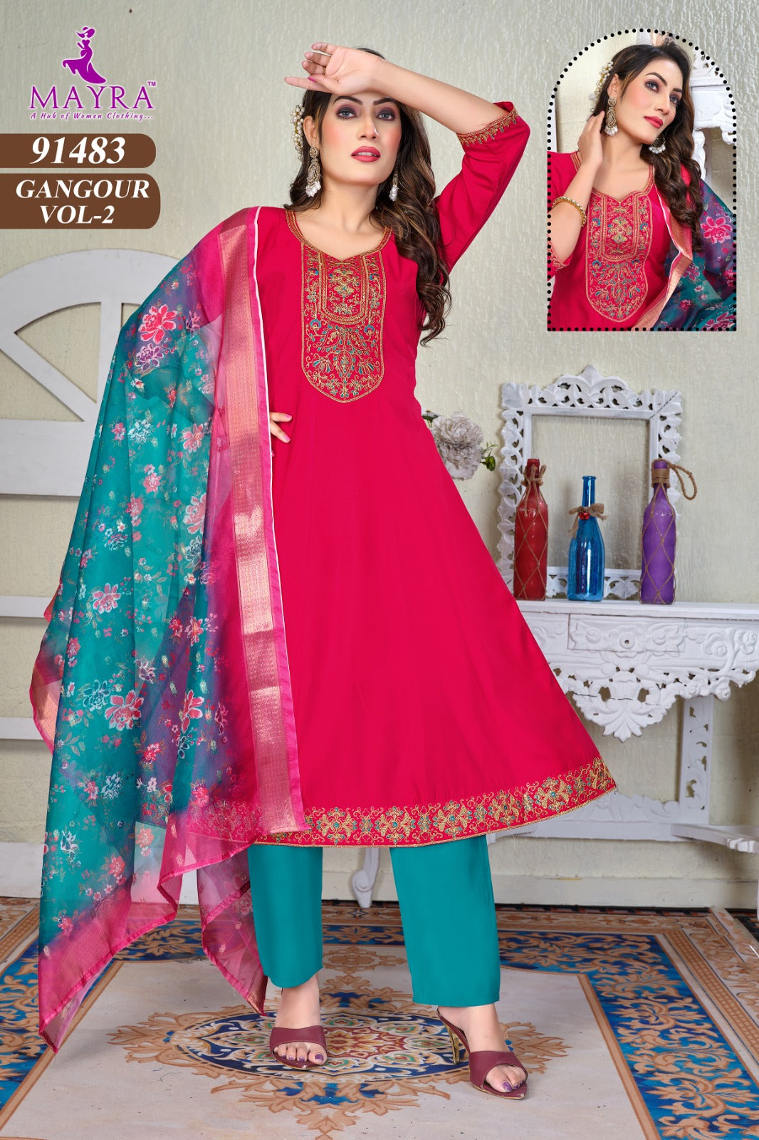 Gangour Vol 2 Mayra Roman Silk Readymade Anarkali Suits Wholesaler Gujarat