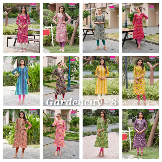 Gardencity 8 Diya Trends Rayon Straight Cut Kurtis Wholesaler