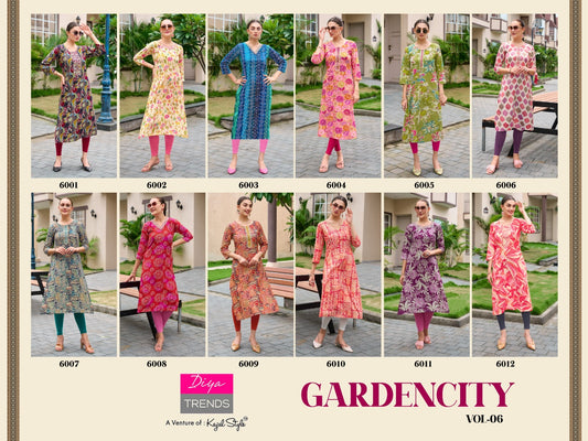 Gardencity Vol 6 Diya Trends Rayon Long Straight Kurti Exporter Ahmedabad