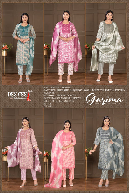 Garima Deecee Rayon Capsule Readymade Pant Style Suits Wholesale Price