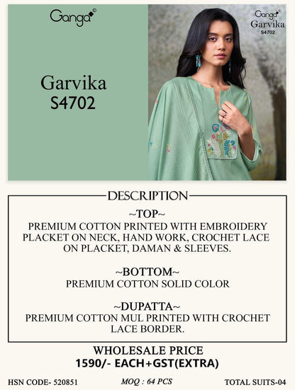 Garvika S4702 Ganga Cotton Pant Style Suits Wholesaler Gujarat