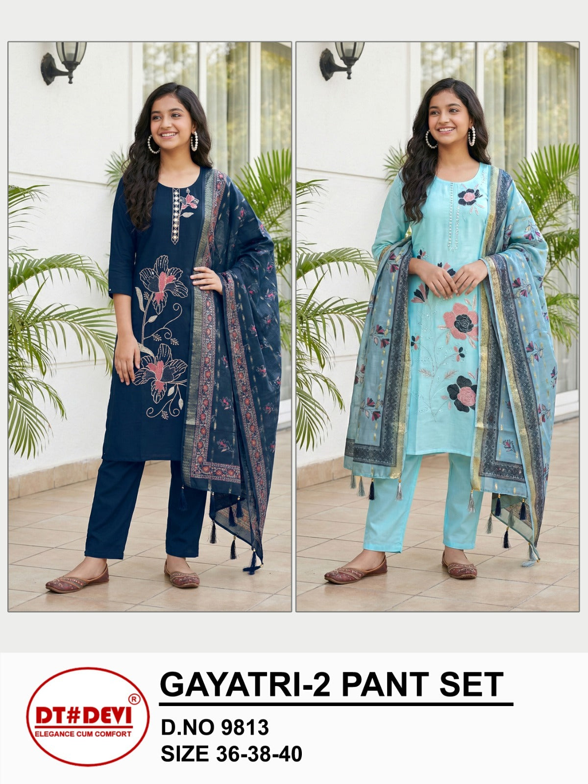 Gayatri 2 Dn 9813 Dt Devi Roman Silk Girls Readymade Pant Suits Manufacturer India