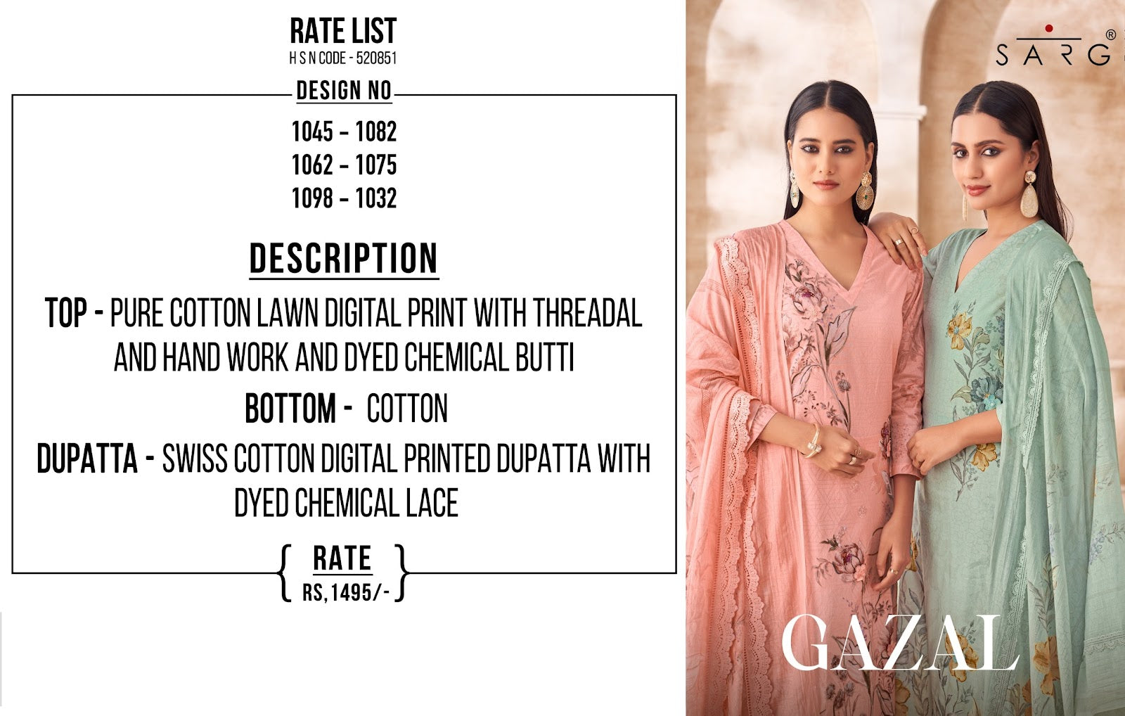 Gazal Sarg Pure Cotton Pant Style Suits Wholesale