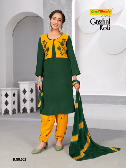 Gazhal Koti Green Tomato Heavy Rayon Readymade Salwar Suits Wholesale Price