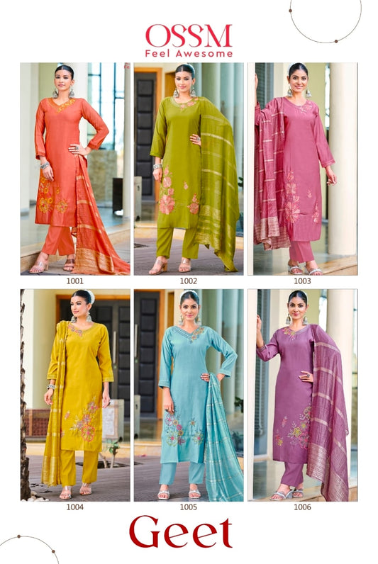 Geet Ossm Roman Silk Readymade Pant Style Suits Wholesaler Ahmedabad