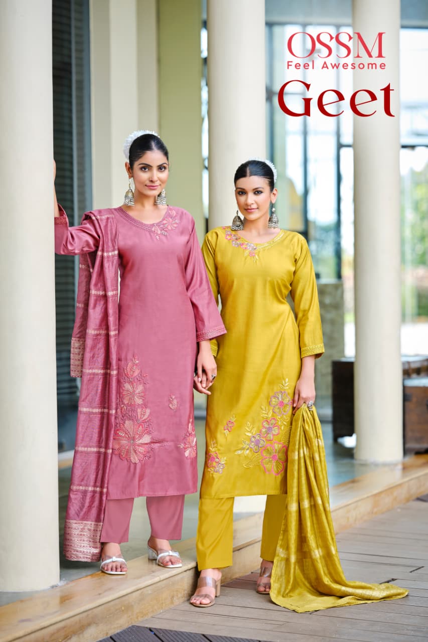 Geet Ossm Roman Silk Readymade Pant Style Suits Wholesaler Ahmedabad