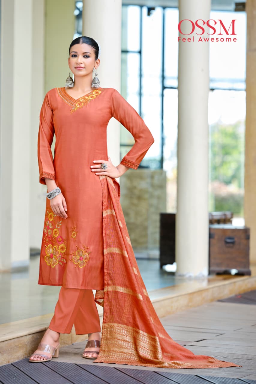 Geet Ossm Roman Silk Readymade Pant Style Suits Wholesaler Ahmedabad