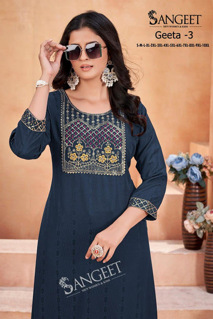 Geeta 3 Sangeet Heavy Rayon Knee Length Kurtis Supplier