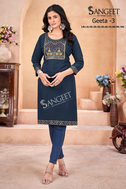Geeta 3 Sangeet Heavy Rayon Knee Length Kurtis Supplier
