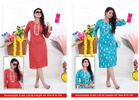 Geetanjali Jnx Rayon Slub Kurti With Pocket Wholesaler India