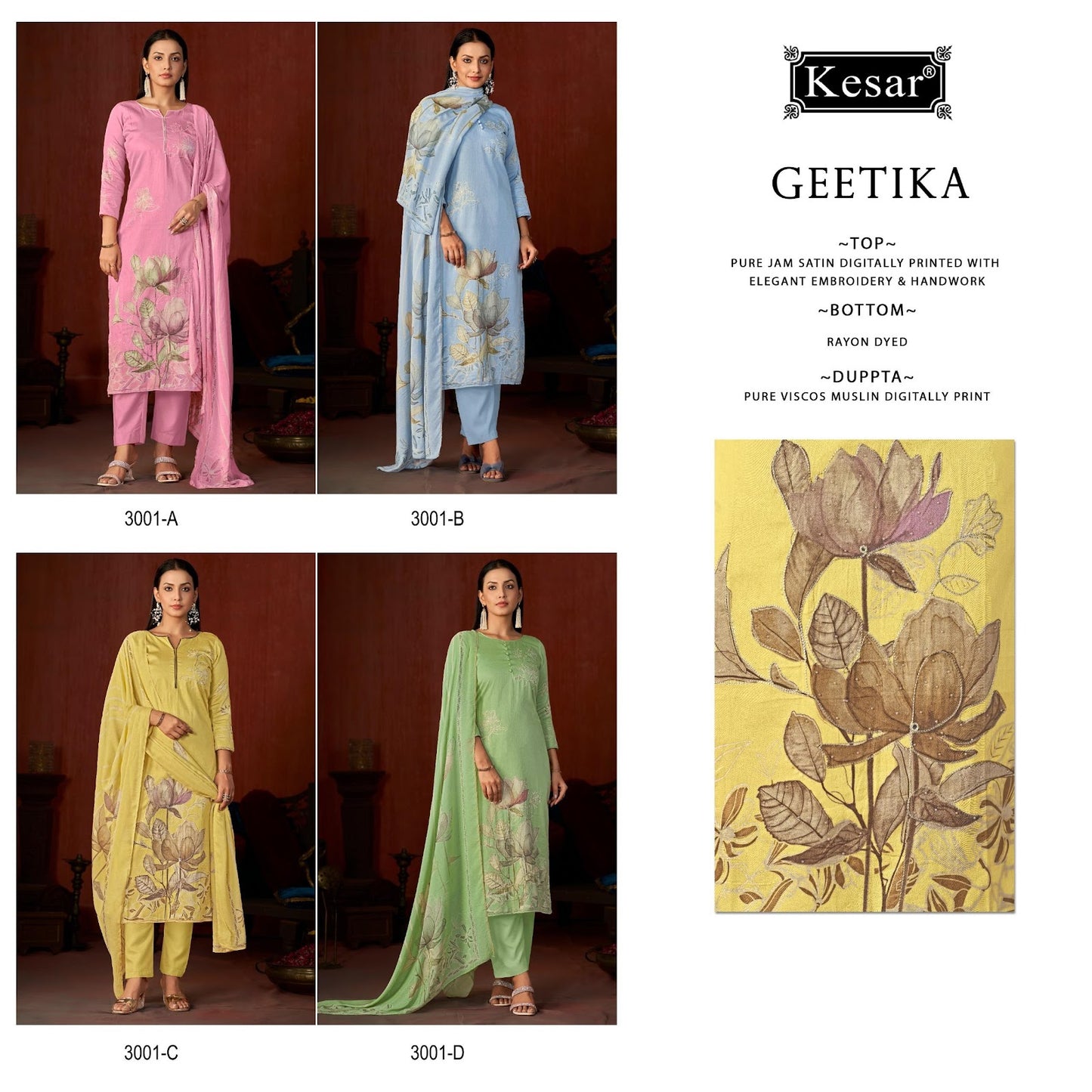 Geetika Kesar Pure Jaam Pant Style Suits Exporter