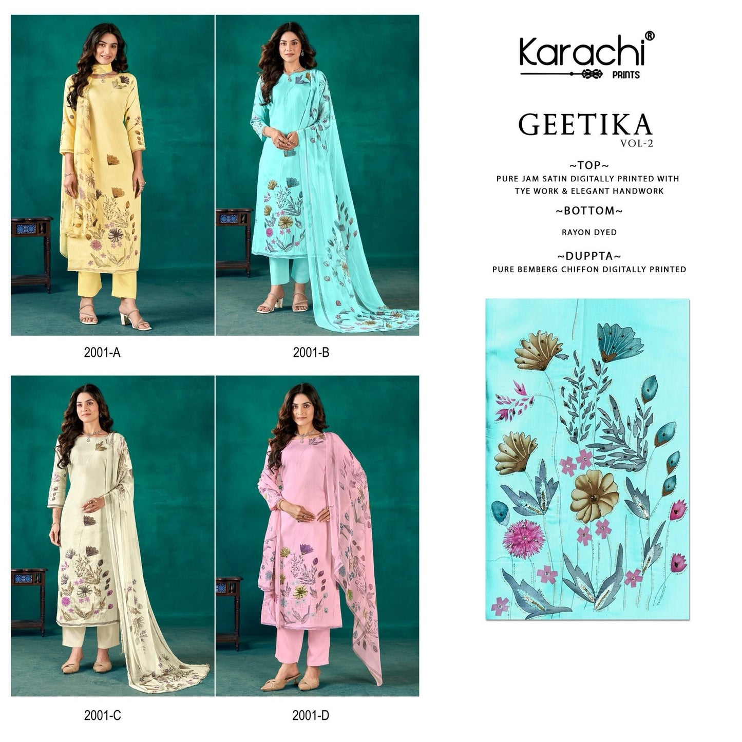 Geetika Vol 2 Karachi Prints Jaam Satin Pant Style Suits Supplier Ahmedabad