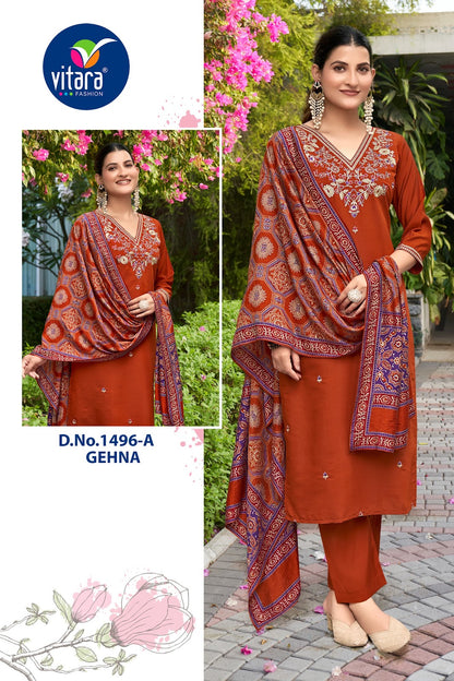 Gehna Vitara Roman Silk Readymade Pant Style Suits Exporter