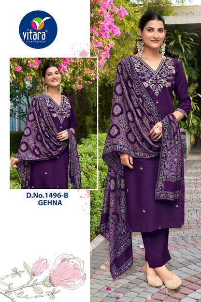 Gehna Vitara Roman Silk Readymade Pant Style Suits Exporter