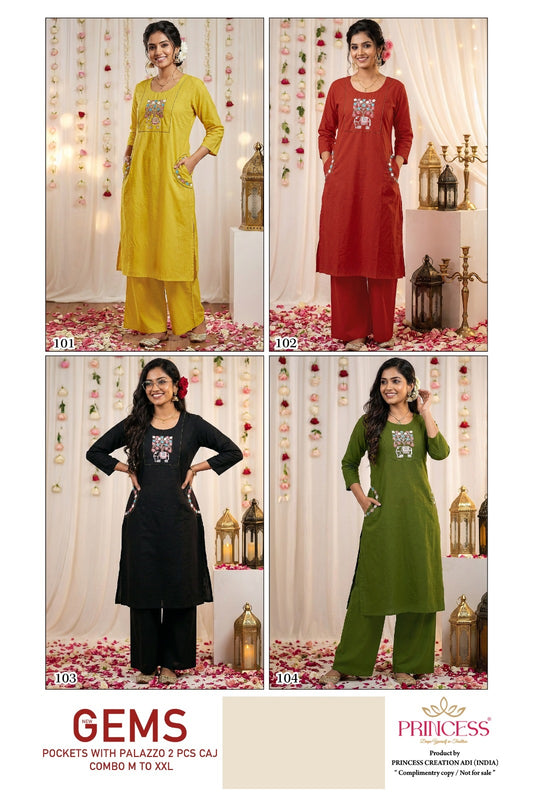 Gems Princess Creation Cotton Kurti Plazzo Set Wholesale Price