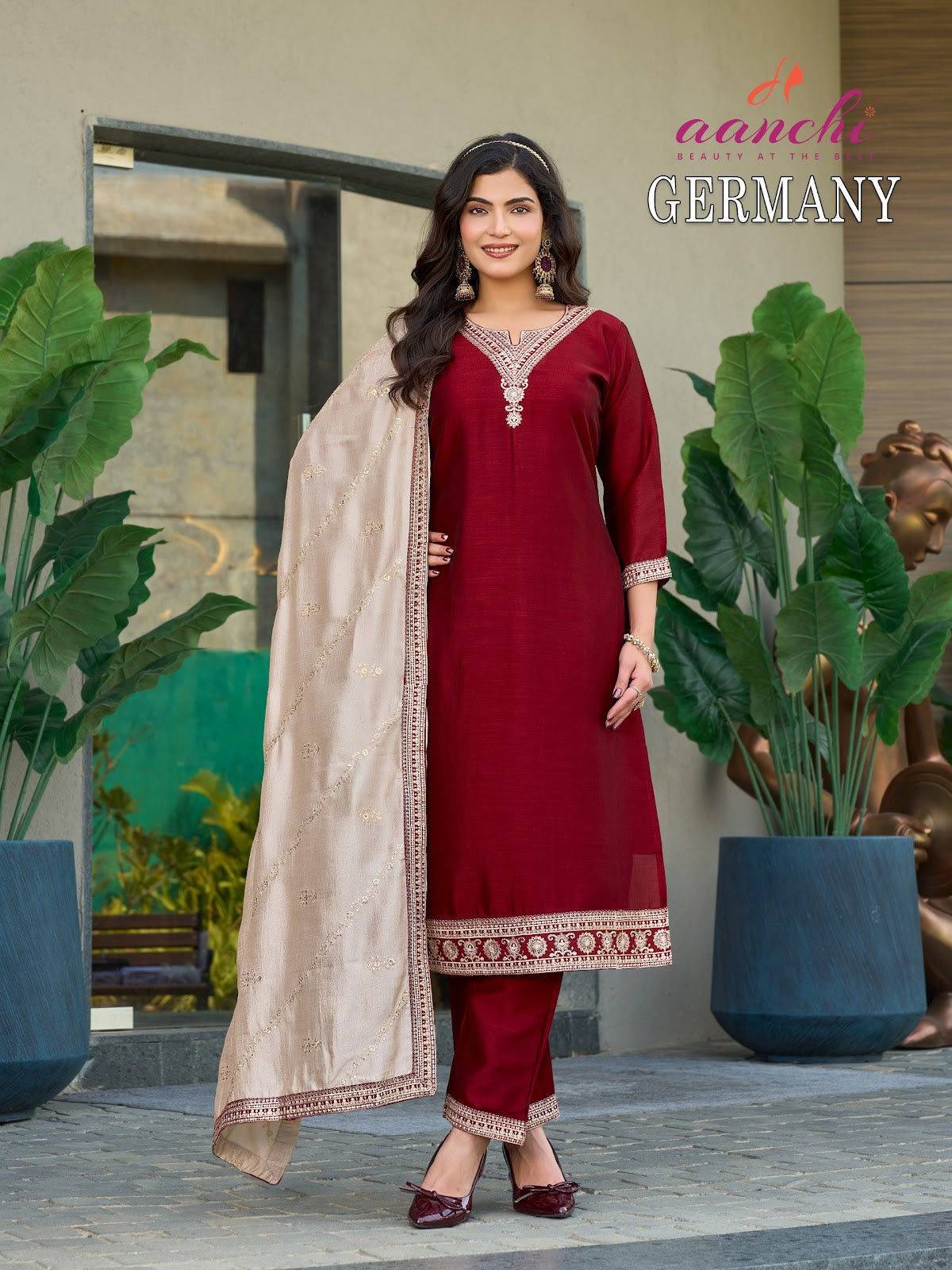 Germany 0812 Aanchi Vichitra Silk Readymade Pant Style Suits Exporter