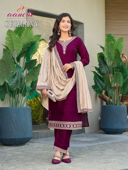 Germany 0812 Aanchi Vichitra Silk Readymade Pant Style Suits Exporter