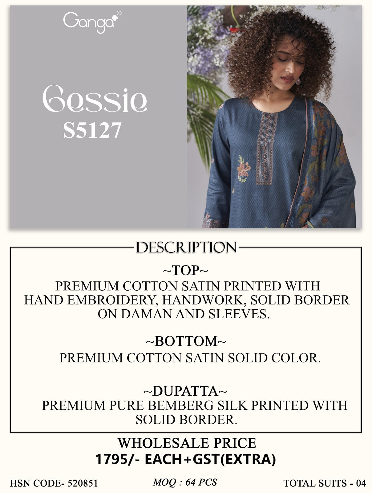 Gessie S5127 Ganga Cotton Satin Pant Style Suits Supplier Ahmedabad